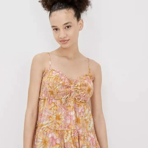 L American Eagle Smocked Yellow Orange Floral babydoll Tank Lrg - Picture 2 of 7